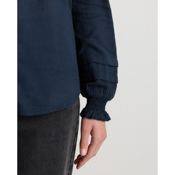 Quince Organic Textured Cotton Peasant Blouse Ruffle Neck Pintuck Long Sleeve S - Picture 4 of 12